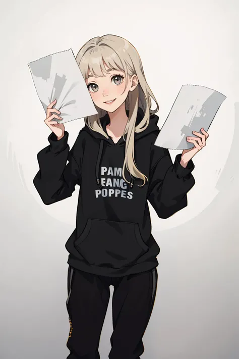 1girl, long straight blonde hair with bangs, (grey eyes:1.2), (black hoodie:1.4), (long black pans:1.3), <lora:muscle_slider_v1:-4> <lora:hair_length_slider_v1:0.8> holding paper, standing, gamer pc in background