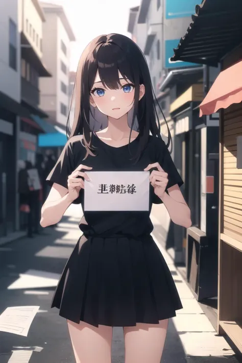 1girl, casual clothes, skirt, t-shirt, long hair, short sleeves, holding paper, outdoors street, standing, paper, kanji