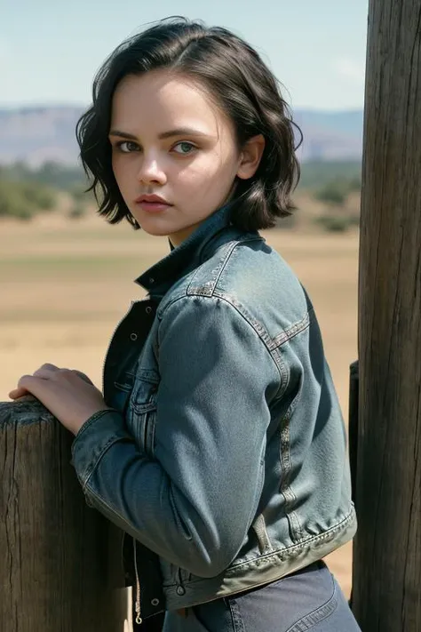 (RAW, analogue, Nikon Z 14mm ultra-wide angle lens, award-winning glamour photograph, ((best quality)), ((masterpiece)), ((realistic)), skin pores, subsurface scattering, radiant light rays, high-res, detailed facial features, high detail, sharp focus, smooth, aesthetic, extremely detailed, (extremely detailed eyes, extremely detailed iris), extremely detailed hair, extremely detailed skin, extremely detailed clothes, octane render, photorealistic, realistic, post-processing, max detail, realistic shadows, roughness, natural skin texture, real life, ultra-realistic, photorealism, photography, 8k UHD, photography, hdr, intricate, elegant, highly detailed, sharp focus, stunning, beautiful, gorgeous), (photorealistic), (realistic), chri5tinaricci9899, full body, brown hair, brown eyes, (denim jacket:1.3), (black turtleneck sweater:1.1), jeans, lips, short curly hair, outdoors, on a ranch, leaning on a wooden post, looking at viewer, upper body, morning, bright, <lora:Christina_Ricci_9899_PMv1_Lora:1.3>,