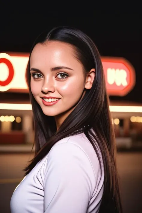 chri5tinaricci9899, long brown hair, shimmering brown eyes, sfw, heart locket around neck, smile, outside 1950's drive in restaurant, standing in the parking lot, 1950's style cars in the background, pink cardigan, (white collared shirt:0.9), detailed pupils, poodle skirt, <lora:Christina_Ricci_9899_PMv1_Lora:1.3>,, ((Glamour Portrait)), high quality photography, 3 point lighting, flash with softbox, 4k, Canon EOS R3, hdr, smooth, sharp focus, high resolution, award winning photo, 80mm, f2.8, bokeh, detailed skin texture, (blush:0.5), (goosebumps:0.5), subsurface scattering