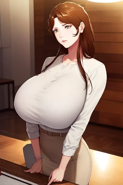 ((masterpiece, best quality:1.4)), illustration, 8k, hd, cowboy shot, anime style, detail face, detail eyes, rich girl, house, white T-shirt, brown coat, brown trousers, (massive boobs), long white hair, brown eyes, mature,