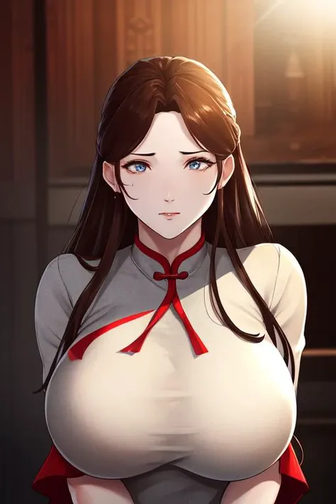 (8k, best quality, masterpiece:1.2),\(detailed eyes\), \(detailed facial features\), \(\(detailed clothes features\)\), upper body,(huge breasts),(face focus),extremely detailed CG unity 8k wallpaper, huge filesize, ultra-detailed, highres, absurdres,beautiful eyes,ray tracing, dramatic shadows,fine detail,dramatic angle,high saturation,lens flare,(standing),soft light,Detailed skin texture, detailed clothing texture,looking at viewer,
1girl, mature female, <lora:hanman_yuemu-000010:0.6>,red china dress,