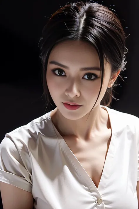 1girl, leeveless shirt, low key lights,close-up,(smile:0.6), (8k, RAW photo, ((pure black background)),best quality, masterpiece:1.2),(realistic, photo-realistic:1.37), Hongkong lawer suit,<lora:janiceManChinese_v1:0.7>,(low key lighting),((((20 years old))))