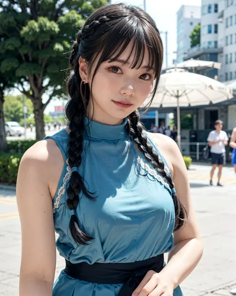 a woman posing on the street corner with light blue dress on, best quality, 1girl, large breasts, day, bright, blur background, bokeh, outdoor, (street:0.8), (people, crowds:1), (lace-trimmed dress:1.5, sleeveless dress, light blue clothes, light blue high-neck dress:1.2, blue dress: 1.5), gorgeous, (braided bangs:1.5), beautiful detailed sky, earrings, (dynamic pose:0.8), (upper body:0.8), soft lighting, wind, shiny skin, looking at viewer, <lora:JAV_Mio_v1.5:0.6>