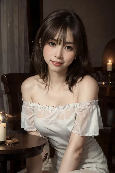 (masterpiece, 4k ,ultra detailed:1.2),(photorealistic:1.4),
(solo:1.2),
(teasing smile:1.3),beautiful woman,
(looking at viewer:1.6),(facing forward:1.3),pov,portrait,

(sitting:1.2),

(indoor,french restaurant,dining table,dinnerware,candle,night:1.2),

(off-shoulder dress:1.2),

(light brown hair color:1.3),(long hair),

<lora:hipoly3DModelLora_v10:0.1>,
<lora:Cnbeauty4_v1:0.6>,
 <lora:epiNoiseoffset_v2:3>