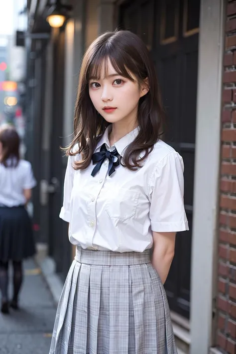 1 girl, detailed skin, detailed hair, detailed clothes, (masterpiece), portfolio, in a back alley, (arms behind back:1.3),,cinematic lighting,, shining eyes, beautiful, standing, , school uniform,(cute)<lora:erikaIkuta_v20:0.5> <lora:japanesedolllikenessV1_v15:0.6>