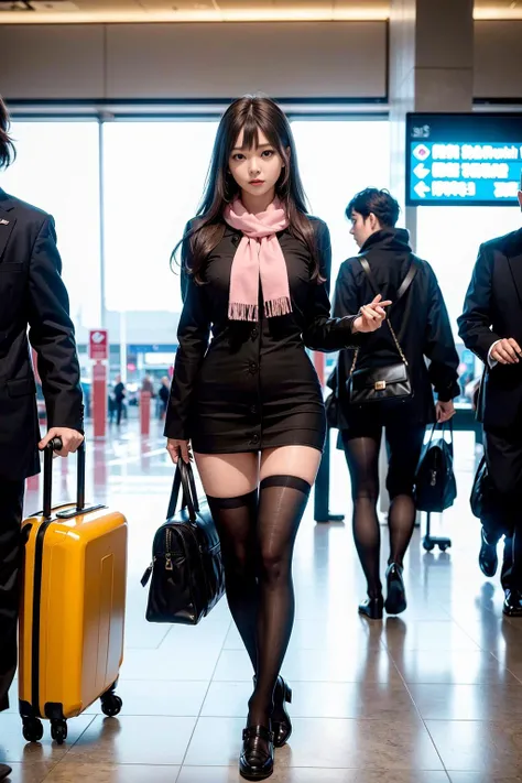 (8k, RAW photo, best quality, masterpiece:1.2), (realistic, photo-realistic:1.37), ultra-detailed, ultra high res, 1girl,(full body,full legs:1.5),( dark Down jacket,long pink wool scarf),high quality lights, light on face,beautiful detailed eyes,beautiful detailed lips,((high quality black loafers,high quality black thick legwear)),long legs,brown hair, sleeves past wrists,cute face,high quality background,shoulder bag, bottomless, long hair, straight hair, (bangs),nsfw,(airport:1.2)
<lora:koreanDollLikeness_v10:0.3>