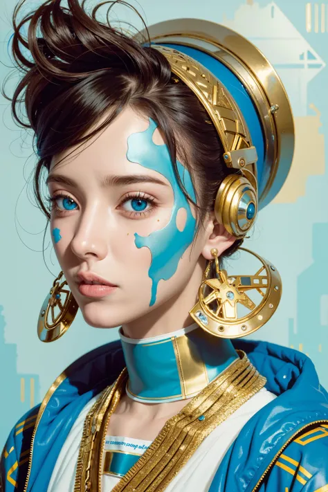 in the style of cyberpunk futurism, african influence, etam cru, light blue and gold, michael creese, steelpunk, michael hussar, white background,
best quality, high quality, editorial photo, absurdres, masterpiece, intricate detail