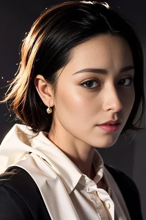 1girl, leeveless shirt, low key lights,close-up,(smile:0.6), (8k, RAW photo, ((pure black background)),best quality, masterpiece:1.2),(realistic, photo-realistic:1.37), ((((killer bill look)))),<lora:janiceManChinese_v1:0.7>,(Rembrandt lighting),((((20 years old))))