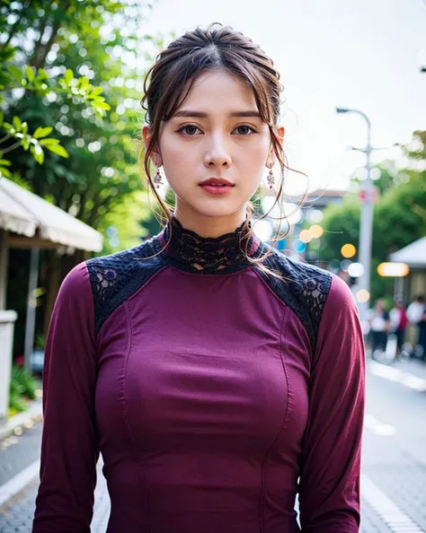 a woman posing on the street corner with red dress on, best quality, 1girl, large breast, day, bright, blur background, bokeh, outdoor, (street:0.8), (people, crowds:0.8), (elegant clothes, red high-neck clothes:1.2, red long sleeves dress: 1.5), gorgeous, (hair up:1.5),(floating hair:1.2), beautiful detailed sky, (dynamic pose:1), (upper body:0.8), soft lighting, wind, shiny skin, sword, saber, <lora:TokuGirl_Reika_Mei_v1.0:0.65>