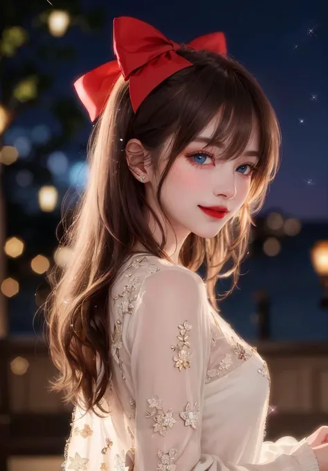 Super beautiful shining big eyes、(extremely delicate and beautiful:1.2) 1 girl、bangss、blue eyess、Blurry、Blurry、the background is blurred、bow ribbon、Brown hair、With mouth closed、from side、Hair between both eyes、Hair Ribbon、lanthanum、Particles of light、long-sleeve、watching at viewers、Medium hair、natta、Red ribbons、独奏、star\ (Symbols\)、The upper part of the body、a smile、red-lips