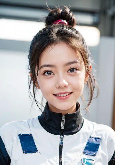 realistic, beautiful female,hair bun, spacecraft, spacesuit,helmet , looking at viewer, office,(parted lips:1:1), (light_smile), shiny skin, skindentation, <lora:zhaoJinmaiChinese_v35:0.5>