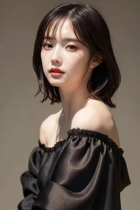 best quality, masterpiece, ultra high resolution, (lifelike:1.5), original photo, 1 girl, Off the shoulders, in the darkness, deep shadow, low profile, cold light, sexy look, short hair, big breasts, black clothes