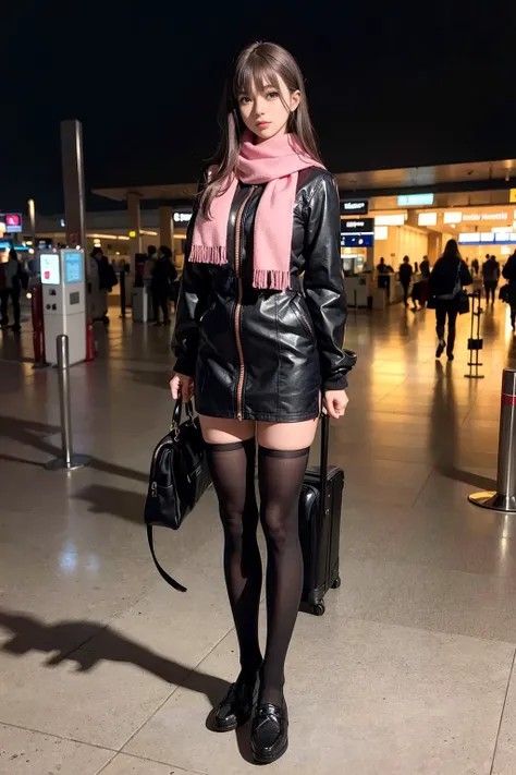 (8k, RAW photo, best quality, masterpiece:1.2), (realistic, photo-realistic:1.37), ultra-detailed, ultra high res, 1girl,(full body,full legs:1.5),( dark Down jacket,long pink wool scarf),high quality lights, light on face,beautiful detailed eyes,beautiful detailed lips,((high quality black loafers,high quality black thick legwear)),long legs,brown hair, sleeves past wrists,cute face,high quality background,shoulder bag, bottomless, long hair, straight hair, (bangs),nsfw,(airport:1.2)
<lora:koreanDollLikeness_v10:0.3>