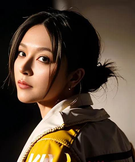 1girl, leeveless shirt, low key lights,close-up,(smile:0.6), (8k, RAW photo, ((pure black background)),best quality, (masterpiece:1.2),(realistic, photo-realistic:1.37), ((((kill bill style)))),<lora:janiceManChinese_v1:0.7>,(Rembrandt lighting),((((20 years old))))