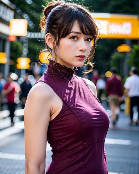 a woman posing on the street corner with red dress on, best quality, 1girl, large breast, day, bright, blur background, bokeh, outdoor, (street:0.8), (people, crowds:0.8), (elegant clothes, red high-neck clothes:1.2, red long sleeves dress: 1.5), gorgeous, (hair up:1.5),(floating hair:1.2), beautiful detailed sky, (dynamic pose:1), (upper body:0.8), soft lighting, wind, shiny skin, sword, saber, <lora:TokuGirl_Reika_Mei_v1.0:0.65>