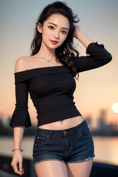 1girl, (looking at viewer), (bokeh:1.1), closed mouth,light smile, realistic, arm behind head, off shoulder,
legwear under shorts, skyline,
realistic, <lora:llfliqin:0.85> llfliqin