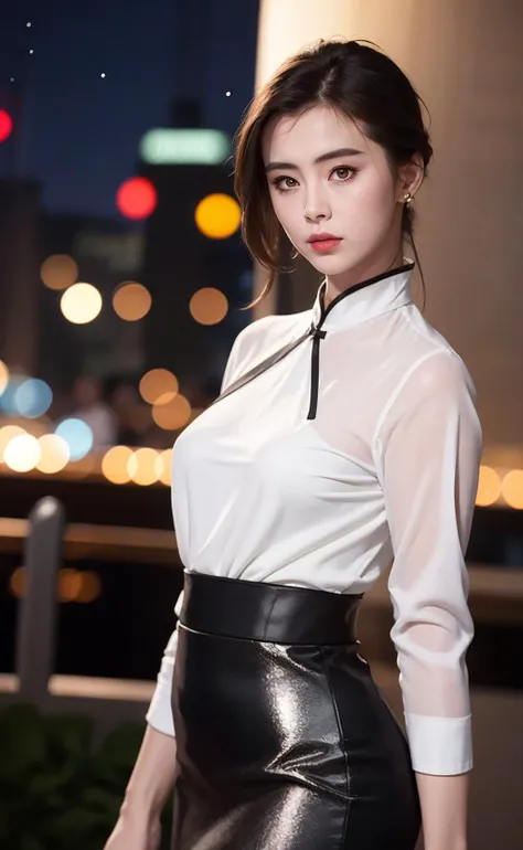 1girl, (looking at viewer), (bokeh:1.1), parted lips,expressionless, realistic, meditation,starry sky,night, qipao,
pencil skirt, skyline,
realistic, <lora:Joey Wong:0.8>Joey Wong