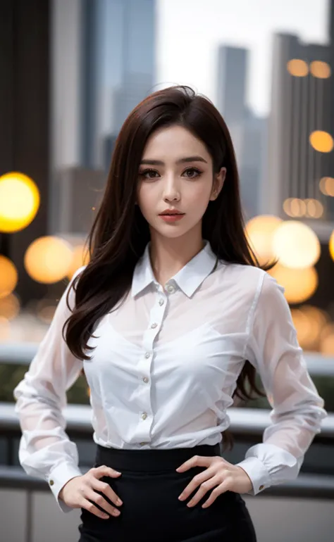 1girl, (looking at viewer), (bokeh:1.1), parted lips,expressionless, realistic, hand on hip, shirt,
skirt, skyline,
realistic, <lora:llftongliya:0.8> llftongliya