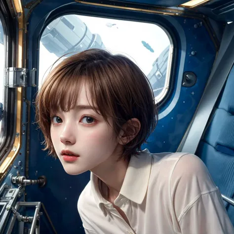 masterpiece, best quality, 8k, super detailed skin, leaning forward, nervous, cute, 1girl, short hair, wearing polo, a haunted spaceship adrift in space, <lora:cuteGirlMix4_v10:0.2>, <lora:tokyoGirl_v10:0.2>, <lora:flat2:-1>