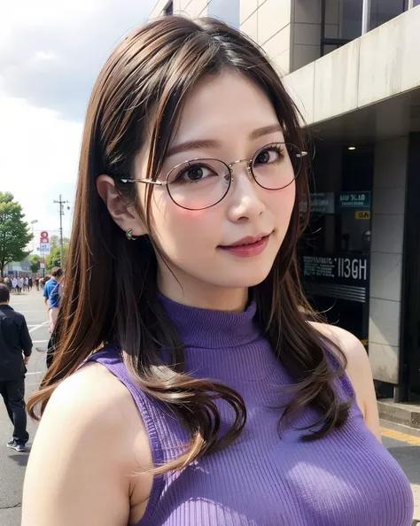 a woman posing on the street corner with light purple dress on with glasses on, best quality, high res, 8k, 1girl, (huge breasts), day, bright, outdoor, (street:0.8), (people, crowds:1), (lace-trimmed dress:1.5, purple clothes:1.5, purple high-neck dress:1.5, sleeveless dress, light purple cloths 1.5), gorgeous, (glasses, forehead, long hair), beautiful detailed sky, beautiful earrings, (dynamic pose:0.8), (upper body:1.2), soft lighting, wind, shiny skin, looking at viewer, smile, closed mouth, <lora:JAV_Aki_S_v1.0:0.65>