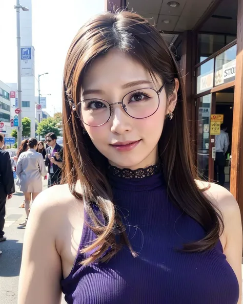 a woman posing on the street corner with light purple dress on with glasses on, best quality, high res, 8k, 1girl, (huge breasts), day, bright, outdoor, (street:0.8), (people, crowds:1), (lace-trimmed dress:1.5, purple clothes:1.5, purple high-neck dress:1.5, sleeveless dress, light purple cloths 1.5), gorgeous, (glasses, forehead, long hair), beautiful detailed sky, beautiful earrings, (dynamic pose:0.8), (upper body:1.2), soft lighting, wind, shiny skin, looking at viewer, smile, closed mouth, <lora:JAV_Aki_S_v1.0:0.65>
