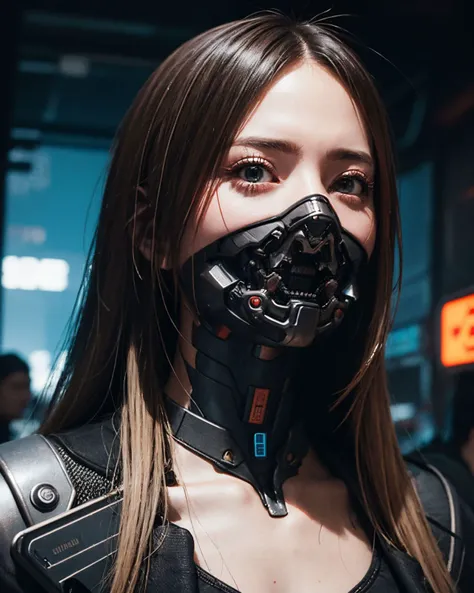 (photorealistic:1.4), (best quality:1.0), (ultra highres:1.0), 8k, RAW photo, (masterpiece:0.2), portrait, 
<lora:zyd232_CyberneticJawless_v1_1:0.7> Cybernetic_Jawless, mask, 1girl, asian, (long hair:1.2), 
(cyberpunk street:1.2)