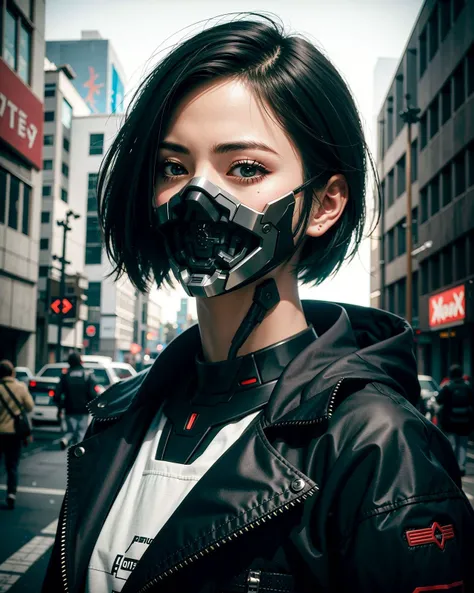(photorealistic:1.4), (best quality:1.0), (ultra highres:1.0), 8k, RAW photo, (masterpiece:0.2)
<lora:zyd232_CyberneticJawless_v1_1:0.8> Cybernetic_Jawless, mask, 1girl, asian girl, jacket, short hair,
cyberpunk street background,