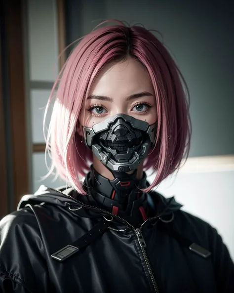 (photorealistic:1.4), (best quality:1.0), (ultra highres:1.0), 8k, RAW photo, (masterpiece:0.2)
<lora:zyd232_CyberneticJawless_v1_1:0.8> Cybernetic_Jawless, mask, 1girl, asian girl, jacket, short hair, pink hair,
