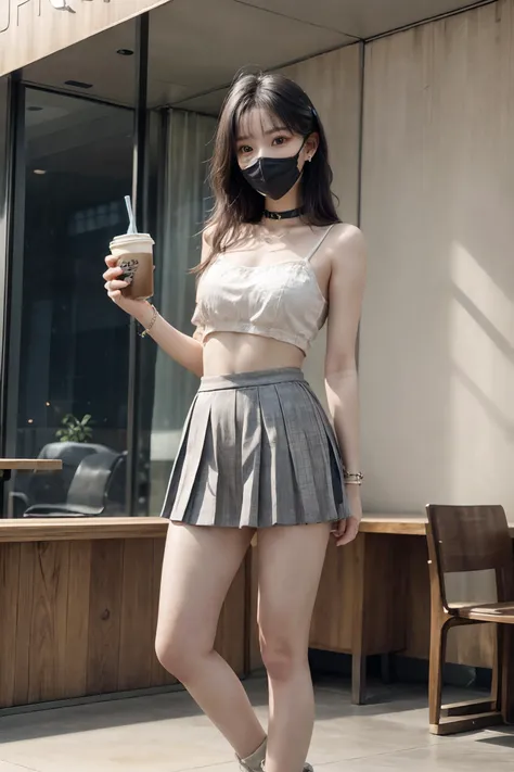 silver blue hair,(((mask))),(Wearing a mask),Backlight,(Sidewise hair),Comb hair to one side,blush,(full body),A slim waist,A bangy hairstyle,An 18-year-old girl,long leg,(photorealistic:1.2),masterpiece,best quality,official art,extremely detailed CG unity 8k wallpaper,highly detailed,ultra highres,(highly detailed skin:1.3),(skin details:1.3),absurdres,8k resolution,(masterpiece:1.2, best quality),(Depth of field),(ulzzang-6500-v1.1:0.7),slender,slim,flat_chest:1.2,earrings,Collar,Bracelet,Medium Hair,natural,<lora:pureInnocentGirl_v25:0.4>Sharp eyes,<lora:add_detail:1> <lora:FilmG3:0.6>Pubic hair,<lora:Yuna Itzy:0.2> <lora:koreandolllikenessV20_v20:0.2> <lora:ran:0.1>Tattoos,arm tattoos,leg tattoos,<lora:public_v1.0:0.4>Audience,public,photographer,<lora:3loraGuofeng3Lora_v32LoraBigLight:0.3:FACE>,<lyco:GoodHands-beta2:1>8K raw photo,Best quality,masterpiece,ultra high res,natural skin texture,realistic eye and face details,cinematic lighting,rouge \(makeup\),eyeshadow,eyelashes,Sharp eyes,Very realistic skin texture,perfect anatomy,epic lighting,Floor glass,leaves,Apple Flagship Store,Commercial Shop,Exhibition,standing,Exhibition Hall,HDR Lighting,miniskirt,Pleated Skirt,Beautiful legs,Camisole,Sales Department,Marketing Center,Lobby,Milk Tea Shop,Coffee shop,Restaurant,Socks,Boots,Sexy Wear,Fun Short Skirt,Fitness Shorts,