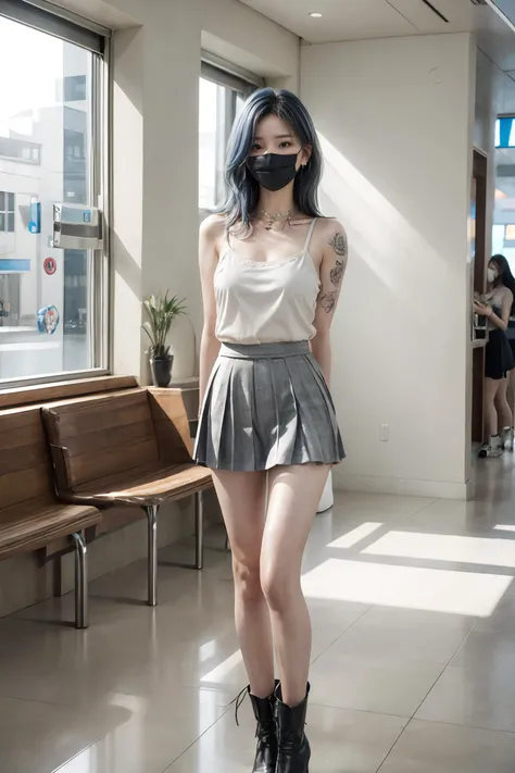 silver blue hair,(((mask))),(Wearing a mask),Backlight,(Sidewise hair),Comb hair to one side,blush,(full body),A slim waist,A bangy hairstyle,An 18-year-old girl,long leg,(photorealistic:1.2),masterpiece,best quality,official art,extremely detailed CG unity 8k wallpaper,highly detailed,ultra highres,(highly detailed skin:1.3),(skin details:1.3),absurdres,8k resolution,(masterpiece:1.2, best quality),(Depth of field),(ulzzang-6500-v1.1:0.7),slender,slim,flat_chest:1.2,earrings,Collar,Bracelet,Medium Hair,natural,<lora:pureInnocentGirl_v25:0.4>Sharp eyes,<lora:add_detail:1> <lora:FilmG3:0.6>Pubic hair,<lora:Yuna Itzy:0.2> <lora:koreandolllikenessV20_v20:0.2> <lora:ran:0.1>Tattoos,arm tattoos,leg tattoos,<lora:public_v1.0:0.4>Audience,public,photographer,<lora:3loraGuofeng3Lora_v32LoraBigLight:0.3:FACE>,<lyco:GoodHands-beta2:1>8K raw photo,Best quality,masterpiece,ultra high res,natural skin texture,realistic eye and face details,cinematic lighting,rouge \(makeup\),eyeshadow,eyelashes,Sharp eyes,Very realistic skin texture,perfect anatomy,epic lighting,Floor glass,leaves,Apple Flagship Store,Commercial Shop,Exhibition,standing,Exhibition Hall,HDR Lighting,miniskirt,Pleated Skirt,Beautiful legs,Camisole,Sales Department,Marketing Center,Lobby,Milk Tea Shop,Coffee shop,Restaurant,Socks,Boots,Sexy Wear,Fun Short Skirt,Fitness Shorts,