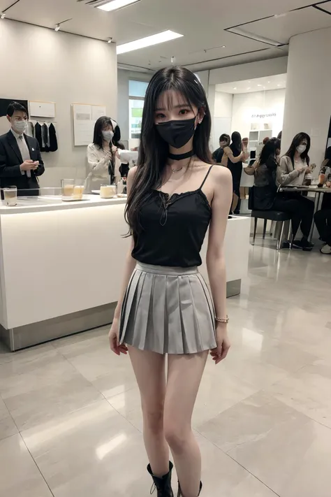 silver blue hair,(((mask))),(Wearing a mask),Backlight,(Sidewise hair),Comb hair to one side,blush,(full body),A slim waist,A bangy hairstyle,An 18-year-old girl,long leg,(photorealistic:1.2),masterpiece,best quality,official art,extremely detailed CG unity 8k wallpaper,highly detailed,ultra highres,(highly detailed skin:1.3),(skin details:1.3),absurdres,8k resolution,(masterpiece:1.2, best quality),Broad lighting,(Depth of field),(ulzzang-6500-v1.1:0.7),slender,slim,small_breasts,(flat_chest:1.4),earrings,Collar,Bracelet,Medium Hair,natural,<lora:pureInnocentGirl_v25:0.4>Sharp eyes,<lora:add_detail:1> <lora:FilmG3:0.6>Pubic hair,<lora:Yuna Itzy:0.2> <lora:koreandolllikenessV20_v20:0.2> <lora:ran:0.1>Tattoos,arm tattoos,leg tattoos,<lora:public_v1.0:0.4>Audience,public,photographer,<lora:3loraGuofeng3Lora_v32LoraBigLight:0.3:FACE>,<lyco:GoodHands-beta2:1>8K raw photo,Best quality,masterpiece,ultra high res,natural skin texture,realistic eye and face details,cinematic lighting,rouge \(makeup\),eyeshadow,eyelashes,Sharp eyes,Very realistic skin texture,perfect anatomy,epic lighting,Floor glass,leaves,Apple Flagship Store,Commercial Shop,Exhibition,standing,Exhibition Hall,HDR Lighting,(miniskirt),Pleated Skirt,Beautiful legs,Camisole,Sales Department,Marketing Center,Lobby,Milk Tea Shop,Coffee shop,Restaurant,Socks,Boots,