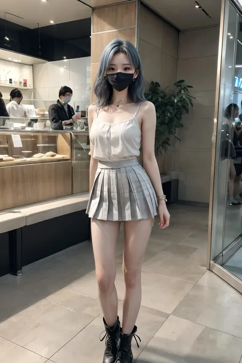 silver blue hair,(((mask))),(Wearing a mask),Backlight,(Sidewise hair),Comb hair to one side,blush,(full body),A slim waist,A bangy hairstyle,An 18-year-old girl,long leg,(photorealistic:1.2),masterpiece,best quality,official art,extremely detailed CG unity 8k wallpaper,highly detailed,ultra highres,(highly detailed skin:1.3),(skin details:1.3),absurdres,8k resolution,(masterpiece:1.2, best quality),(Depth of field),(ulzzang-6500-v1.1:0.7),slender,slim,flat_chest:1.2,earrings,Collar,Bracelet,Medium Hair,natural,<lora:pureInnocentGirl_v25:0.4>Sharp eyes,<lora:add_detail:1> <lora:FilmG3:0.6>Pubic hair,<lora:Yuna Itzy:0.2> <lora:koreandolllikenessV20_v20:0.2> <lora:ran:0.1>Tattoos,arm tattoos,leg tattoos,<lora:public_v1.0:0.4>Audience,public,photographer,<lora:3loraGuofeng3Lora_v32LoraBigLight:0.3:FACE>,<lyco:GoodHands-beta2:1>8K raw photo,Best quality,masterpiece,ultra high res,natural skin texture,realistic eye and face details,cinematic lighting,rouge \(makeup\),eyeshadow,eyelashes,Sharp eyes,Very realistic skin texture,perfect anatomy,epic lighting,Floor glass,leaves,Apple Flagship Store,Commercial Shop,Exhibition,standing,Exhibition Hall,HDR Lighting,miniskirt,Pleated Skirt,Beautiful legs,Camisole,Sales Department,Marketing Center,Lobby,Milk Tea Shop,Coffee shop,Restaurant,Socks,Boots,Sexy Wear,Fun Short Skirt,Fitness Shorts,