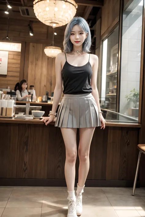 silver blue hair,mask,Wearing a mask,Backlight,(Sidewise hair),Comb hair to one side,blush,little smile,open mouth,(full body),A slim waist,A bangy hairstyle,An 18-year-old girl,long leg,(photorealistic:1.2),masterpiece,best quality,official art,extremely detailed CG unity 8k wallpaper,highly detailed,ultra highres,(highly detailed skin:1.3),(skin details:1.3),absurdres,8k resolution,(masterpiece:1.2, best quality),(Depth of field),(ulzzang-6500-v1.1:0.7),slender,slim,flat_chest:1.2,earrings,Collar,Bracelet,Medium Hair,natural,<lora:pureInnocentGirl_v25:0.4>Sharp eyes,<lora:add_detail:1> <lora:FilmG3:0.6>Pubic hair,Tattoos,arm tattoos,leg tattoos,<lora:public_v1.0:0.4>Audience,public,photographer,<lyco:GoodHands-beta2:1>8K raw photo,Best quality,masterpiece,ultra high res,natural skin texture,realistic eye and face details,cinematic lighting,rouge \(makeup\),eyeshadow,eyelashes,Sharp eyes,Very realistic skin texture,perfect anatomy,epic lighting,Floor glass,leaves,Apple Flagship Store,Commercial Shop,Exhibition,standing,Exhibition Hall,HDR Lighting,miniskirt,Pleated Skirt,Beautiful legs,Camisole,Sales Department,Marketing Center,Lobby,Milk Tea Shop,Coffee shop,Restaurant,sports socks,Boots,Sexy Wear,Fun Short Skirt,Fitness Shorts,