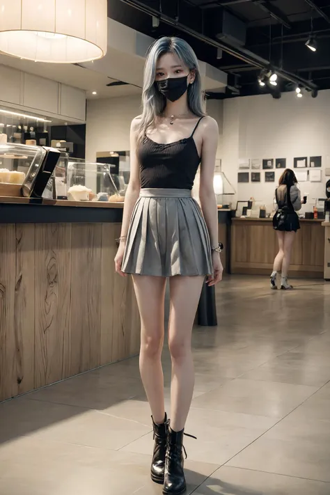 silver blue hair,(((mask))),(Wearing a mask),Backlight,(Sidewise hair),Comb hair to one side,blush,(full body),A slim waist,A bangy hairstyle,An 18-year-old girl,long leg,(photorealistic:1.2),masterpiece,best quality,official art,extremely detailed CG unity 8k wallpaper,highly detailed,ultra highres,(highly detailed skin:1.3),(skin details:1.3),absurdres,8k resolution,(masterpiece:1.2, best quality),(Depth of field),(ulzzang-6500-v1.1:0.7),slender,slim,small_breasts,(flat_chest:1.4),earrings,Collar,Bracelet,Medium Hair,natural,<lora:pureInnocentGirl_v25:0.4>Sharp eyes,<lora:add_detail:1> <lora:FilmG3:0.6>Pubic hair,<lora:Yuna Itzy:0.2> <lora:koreandolllikenessV20_v20:0.2> <lora:ran:0.1>Tattoos,arm tattoos,leg tattoos,<lora:public_v1.0:0.4>Audience,public,photographer,<lora:3loraGuofeng3Lora_v32LoraBigLight:0.3:FACE>,<lyco:GoodHands-beta2:1>8K raw photo,Best quality,masterpiece,ultra high res,natural skin texture,realistic eye and face details,cinematic lighting,rouge \(makeup\),eyeshadow,eyelashes,Sharp eyes,Very realistic skin texture,perfect anatomy,epic lighting,Floor glass,leaves,Apple Flagship Store,Commercial Shop,Exhibition,standing,Exhibition Hall,HDR Lighting,(miniskirt),Pleated Skirt,Beautiful legs,Camisole,Sales Department,Marketing Center,Lobby,Milk Tea Shop,Coffee shop,Restaurant,Socks,Boots,zettai ryouiki,