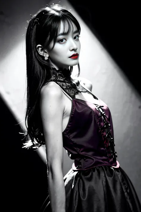 (4k ,ultra detailed,raw photo:1.2),(realistic:1),(photorealistic:1),
(solo:1),(standing:1),(portrait:1.3),
(looking away:1.4),
(attractive,absurdres:1),
(simple background,black background:1.3),
(dimmed,dim,dark:1.4),(backlight:1.4),
(black ballgown, black gothic:1.4),
(supermodel:1.4),
(black hair,bangs:1),(red lip:1.2),
(muscular:1),(fit:1.4),
(red wine,wine glasses:1.3),
(monochrome:1.2),
<lora:hipoly3DModelLora_v20:0.2>,
<lora:flat2:-0.5>,
<lora:chinaDollLikeness_v10:0.3>,
<lora:japanesedolllikenessV1_v15:0.2>,
<lora:Color Separation_B_1.1:1.2>,