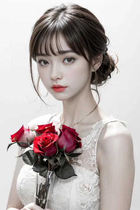 (4k ,ultra detailed,raw photo:1.2),(realistic:1),(photorealistic:1),
(solo:1),(standing:1),(portrait:1.4),
(looking at viewer:1.4),
(attractive,absurdres:1),
(rose bouquet,red rose:1.2),
(simple background,white background:1.4),
(white dress:1.2),
(supermodel:1.4),
(black hair,bangs:1),
(muscular:1),(fit:1.4),
<lora:hipoly3DModelLora_v20:0.2>,
<lora:flat2:-0.5>,
<lora:chinaDollLikeness_v10:0.2>,
<lora:japanesedolllikenessV1_v15:0.2>,
<lora:Color Separation_B_1.1:1.2>,