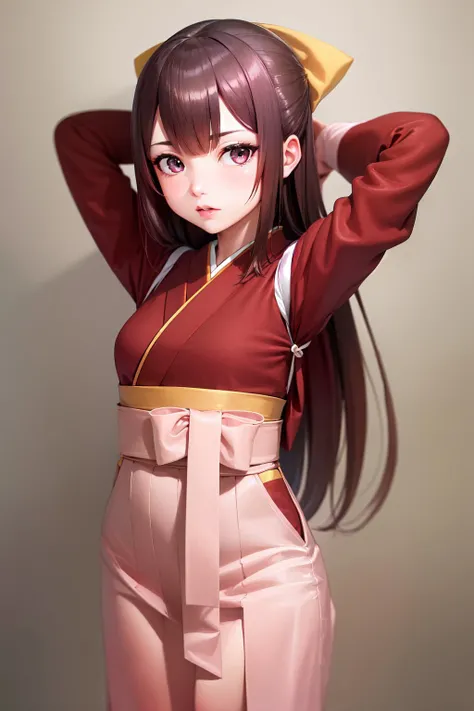 (masterpiece, best quality:1.2), <lyco:kancolle_kamikaze-10:1.0>, cowboy shot, solo, 1girl, kckamikaze, expressionless, looking at viewer, arms behind head, hair bow, japanese clothes, red kimono, tasuki, pink hakama