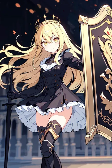 <lora:RONOPU:0.8>1girl, solo, blonde hair, long hair, weapon, yellow eyes, shield, holding, long sleeves, hair between eyes, thighhighs, holding weapon, looking at viewer, crown, sword, blurry, bangs, closed mouth, boots, holding sword, armored boots, dress, depth of field, skirt, holding shield, center frills, headpiece, black dress, black gloves, shirt, blurry background, frills