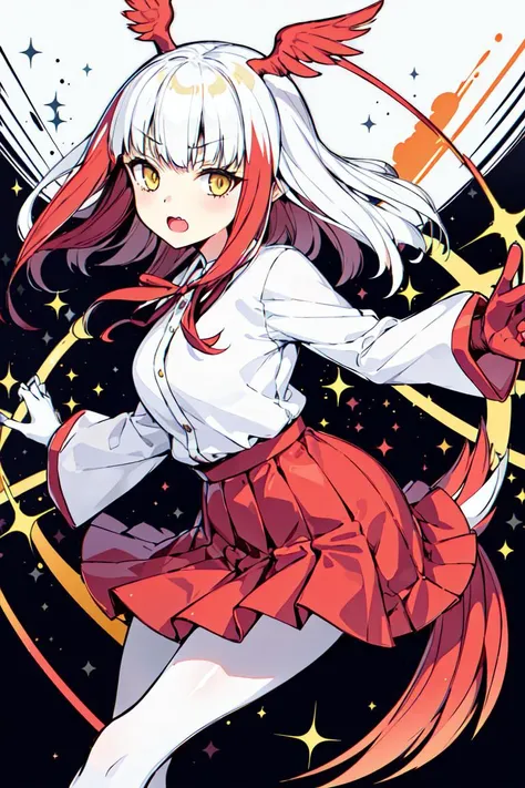 <lora:RONOPU:0.8>1girl, solo, japanese crested ibis (kemono friends), head wings, pantyhose, gloves, white hair, red pantyhose, multicolored hair, skirt, tail, red hair, long sleeves, red gloves, yellow eyes, pleated skirt, open mouth, long hair, looking at viewer, bangs, blush, two-tone hair, sparkle