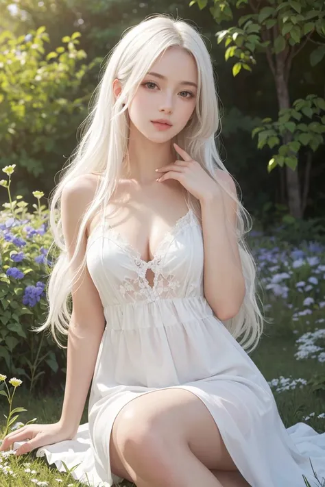 MEDIUM SHOT,<lyco:GoodHands-beta2:0.5>,high quality, masterpiece, (realistic, photo-realistic:1.2) ,high definition, ultra detailed, raw photo,1girl with long white hair sitting in a field of green plants and flowers, her hand under her chin, warm lighting, white dress, blurry foreground,nsfw