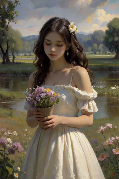 OIL PAINTING,IMPRESSIONISM,(masterpiece, best quality, ultra-detailed, best shadow),(detailed background),realistic ,(Rembrandt),1girl, solo, flower, dress, long hair, closed eyes, black hair, white dress, holding flower, field, holding, outdoors, grass, realistic, bare shoulders, <lyco:oil_painting:0.6>