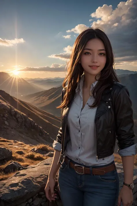 Cowboy Shot,high quality, detailed fingers,masterpiece, detailed eyes,(realistic, photo-realistic:1.2) ,<lyco:GoodHands-beta2:1>,unity 8k wallpaper, 1girl,glowing eyes,Dark hair, sun flare, outdoors, mountain, valley, sky. clouds, smiling,