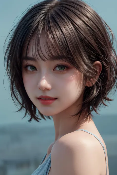 8k HDR,(photo-realistic:1.2),(masterpiece,realistic,extremely delicate and beautiful,ultra detailed,best quality,ultra highres,best shadow),1girl,solo,smiling,green eyes,short hair,bob cut,bangs,portrait,shoulder,shirt,medium shot,dramatic lighting,simple background,blue background,<lora:tianfeng_filmgirls5:0.7:1,0,0,0,0,0,0,0,1,1,0,0,0,0,0,0,0>,<lora:more_details:0.7>,