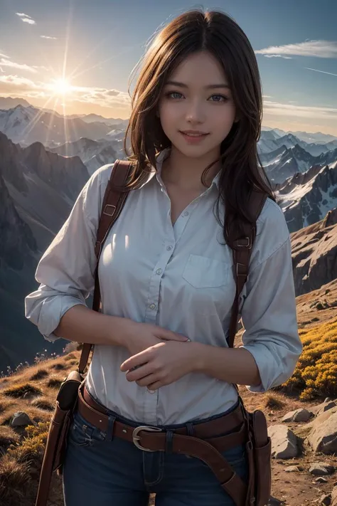 Cowboy Shot,high quality, detailed fingers,masterpiece, detailed eyes,(realistic, photo-realistic:1.2) ,<lyco:GoodHands-beta2:1>,unity 8k wallpaper, 1girl,glowing eyes,Dark hair, sun flare, outdoors, mountain, valley, sky. clouds, smiling,