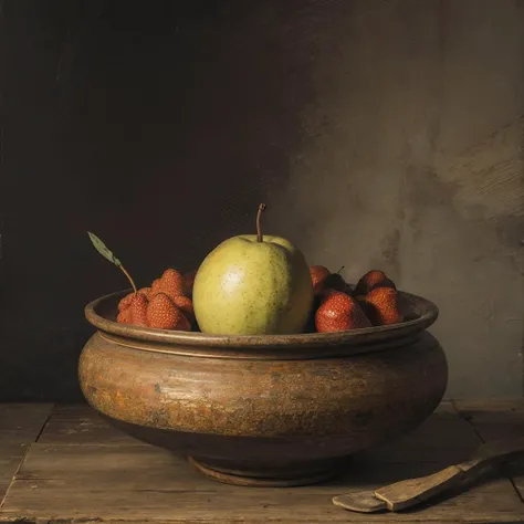 ("Girl with Peaches":1.3) — (painting by Russian painter Valentin Serov:1.2), (Naked:1.4) sits by the table