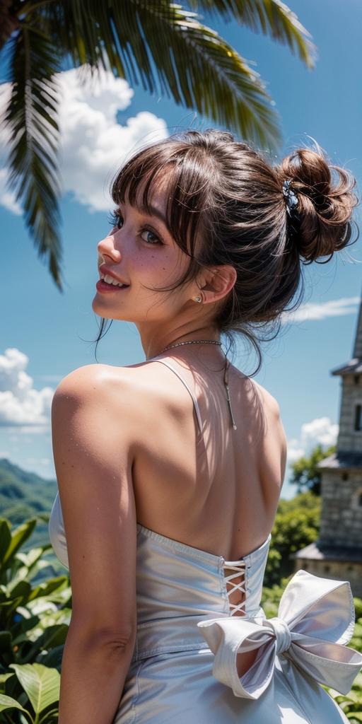 A woman in a white dress standing in front of a tower - SeaArt AI