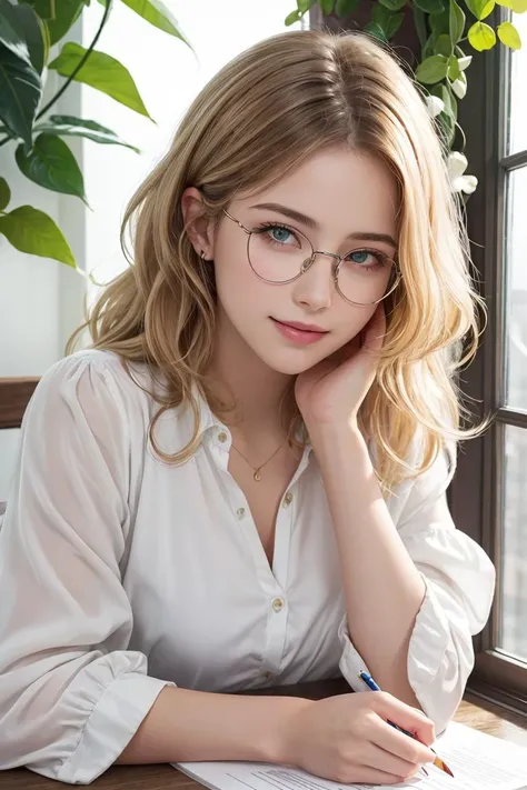 Cowboy Shot,high quality, detailed fingers,masterpiece, detailed eyes,(realistic, photo-realistic:1.2) ,<lyco:GoodHands-beta2:1>,unity 8k wallpaper, pretty face, a pretty young girl Emily Bett Rickards with a button nose a barrette holding her messy wavy blonde hair ringlets frame her face a quiet study green plants on the windowsill rays of morning light she smiles softly under black oval glasses reading peacefully a white peasant blouse sleeves rolled up to her elbows a pencil in hand