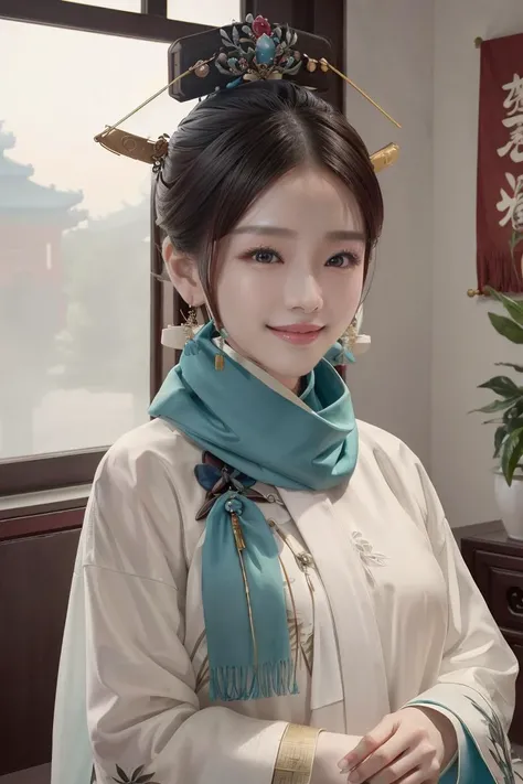 Masterpiece, absurdres,award winning photo, extremely detailed, amazing, fine detail, extremely detailed eyes and face, hyper realistic lifelike texture dramatic lighting unrealengine trending on artstation cinestill 800 tungsten, smiling qingchao, a woman in a traditional chinese dress poses for a picture , woman wearing a qingchao_dress, (qingchao_haircut, qingchao_scarf,:1.3), <lora:add_detail:0.2> , <lora:shuV2:0.3>, <lora:QingChao:1>