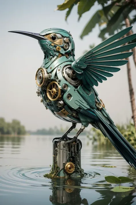 ((masterpiece)), ((best quality)), 8k, high detailed, ultra-detailed, A mechanical bird, harmoniously integrated into the beauty of nature, capturing the balance between technology and the environment, mechanical bird, ((nature)), ((harmonious integration)), ((technology and environment balance)), metallic feathers, gear mechanisms, perched on tree branch, fluttering leaves, sun rays through canopy, reflection in a pond. <lora:MechanicalBird:0.8>,